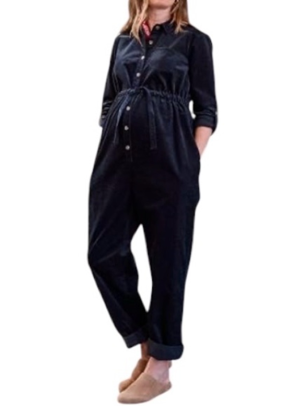 NWT Seraphine Maternity Saylor Corduroy Jumpsuit Black Long Sleeves Pockets